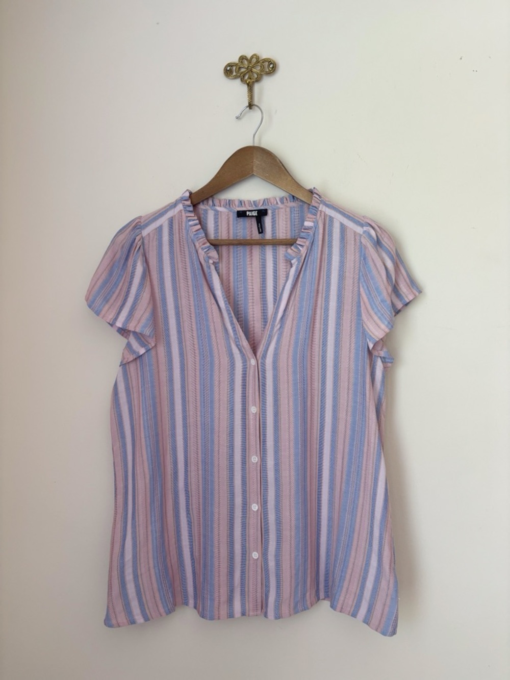PAIGE Remy Striped Flutter Sleeve Button Front Top Medium - Picture 1 of 7